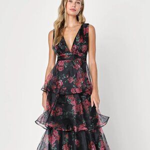 Lulu's Garden Radiance Black Floral Print Organza Tiered Maxi Dress